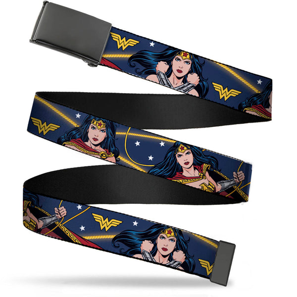 Buckle-Down Black Buckle Web Belt - Wonder Woman 3-Poses/WW Logo/Stars Blue/Yellow/White Webbing