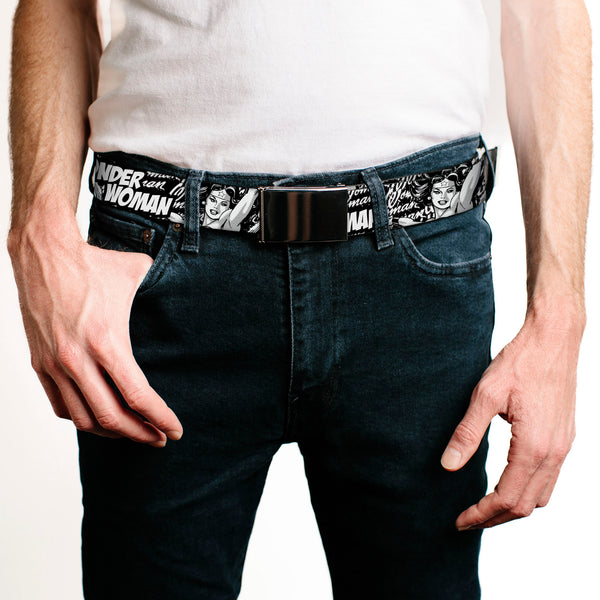 Buckle-Down Black Buckle Web Belt - WONDER WOMAN Action Pose/Text Collage Black/White/Grays Webbing