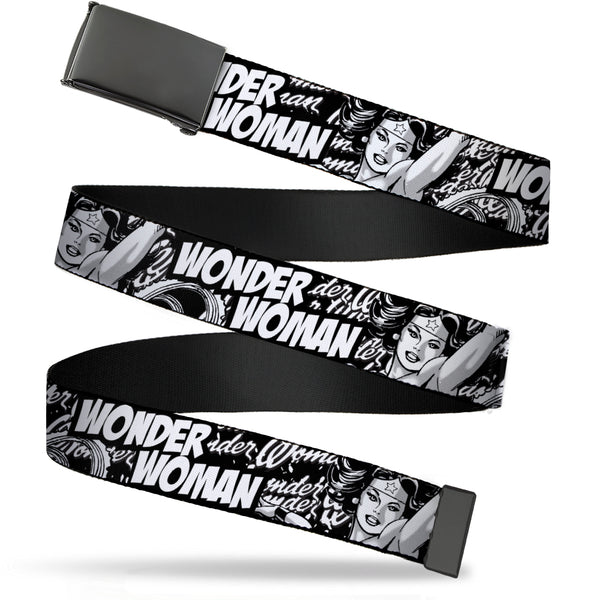 Buckle-Down Black Buckle Web Belt - WONDER WOMAN Action Pose/Text Collage Black/White/Grays Webbing