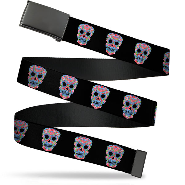 Buckle-Down Black Buckle Web Belt - Wonder Woman Floral Skull Black/Multi Pastel Webbing