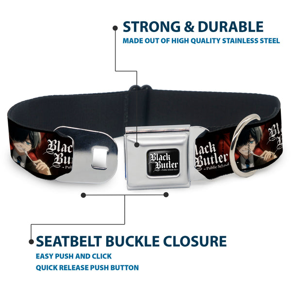 Buckle-Down BLACK BUTLER PUBLIC SCHOOL ARC Title Logo Full Color Black/White Seatbelt Buckle Collar - BLACK BUTLER Ciel Phantomhive Fork Pose And Title Logo