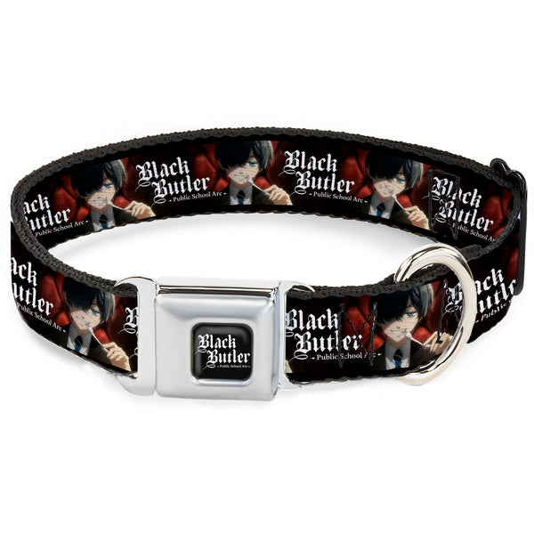 Buckle-Down BLACK BUTLER PUBLIC SCHOOL ARC Title Logo Full Color Black/White Seatbelt Buckle Collar - BLACK BUTLER Ciel Phantomhive Fork Pose and Title Logo