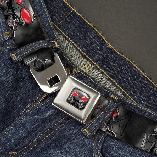 Buckle-Down Black Manta Face CLOSE-UP Full Color Grays Seatbelt Belt - BLACK MANTA 3-Poses Grays/Red Webbing