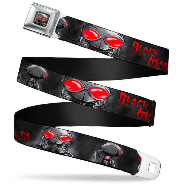 Buckle-Down Black Manta Face CLOSE-UP Full Color Grays Seatbelt Belt - BLACK MANTA 3-Poses Grays/Red Webbing