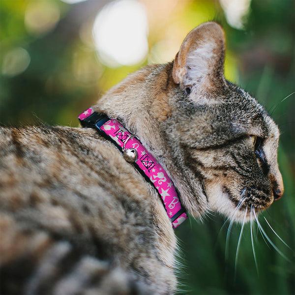 Buckle-Down Breakaway Cat Collar With Bell - Barbie Ponytail Silhouette And Star Scattered Pink/White