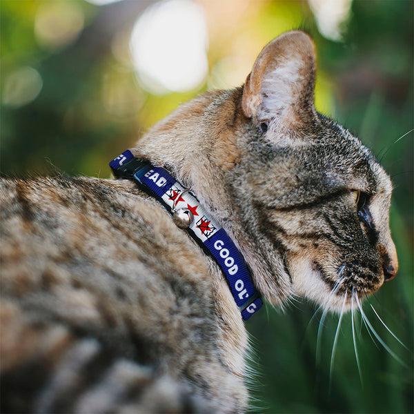 Buckle-Down Breakaway Cat Collar With Bell - GOOD OL' GRATEFUL DEAD Text And Stars Blue/White/Red