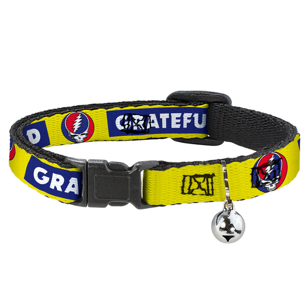 Buckle-Down Breakaway Cat Collar With Bell - GRATEFUL DEAD Text Box And Steal Your Face Logo Yellow/Blue/White