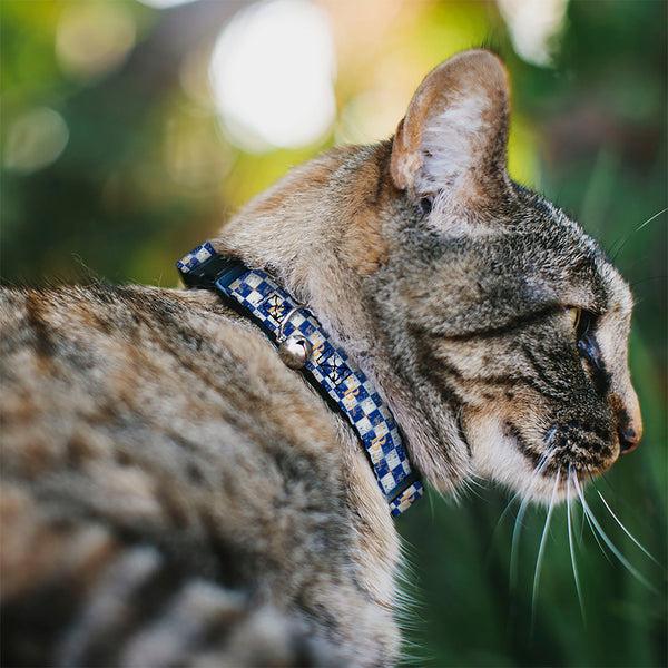 Buckle-Down Breakaway Cat Collar With Bell - Harry Potter Butterbeer Logo Checker White/Blue/Yellow