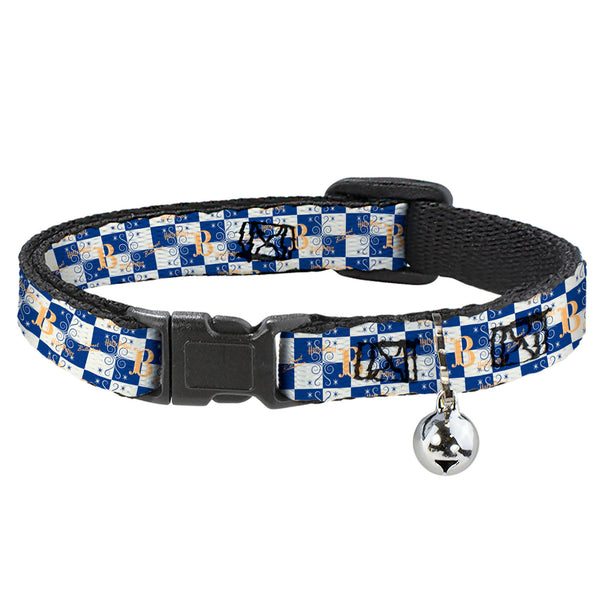 Buckle-Down Breakaway Cat Collar With Bell - Harry Potter Butterbeer Logo Checker White/Blue/Yellow