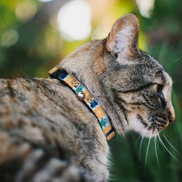 Buckle-Down Breakaway Cat Collar With Bell - Harry Potter FINEST BUTTERBEER SINCE 1867 Icon Blocks Yellow/White/Blues