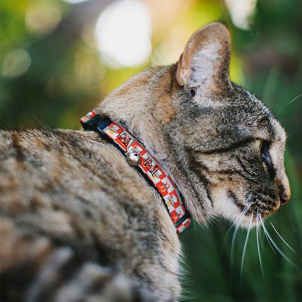 Buckle-Down Breakaway Cat Collar With Bell - HARRY POTTER FINEST BUTTERBEER Logo And Mug Checker Red/White/Yellow