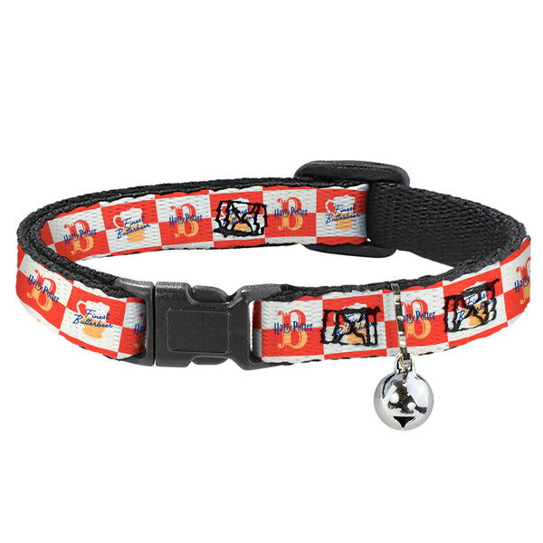 Buckle-Down Breakaway Cat Collar With Bell - HARRY POTTER FINEST BUTTERBEER Logo And Mug Checker Red/White/Yellow