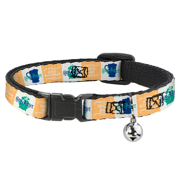 Buckle-Down Breakaway Cat Collar With Bell - Harry Potter FINEST BUTTERBEER SINCE 1867 Icon Blocks Yellow/White/Blues