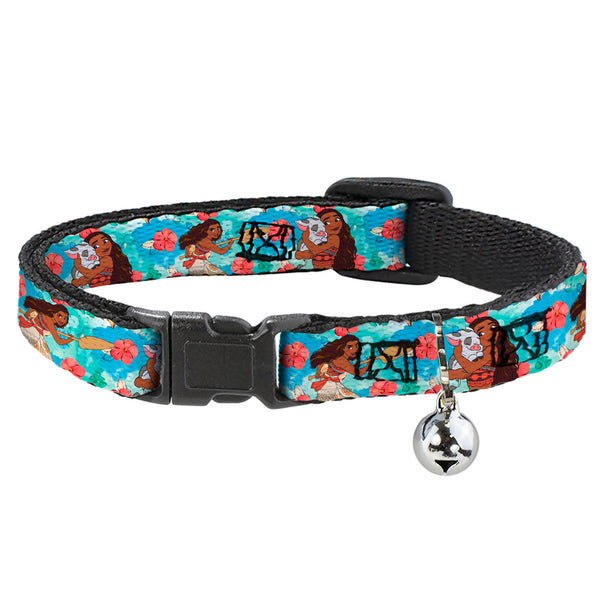 Buckle-Down Breakaway Cat Collar with Bell - Moana Poses and Pua Flowers Blues