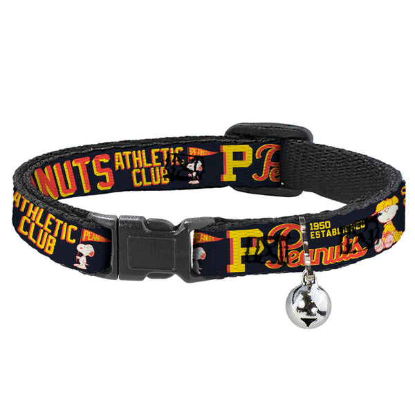 Buckle-Down Breakaway Cat Collar with Bell - PEANUTS ATHLETIC CLUB Varsity Poses and Quotes Collage Black/Red/Yellow