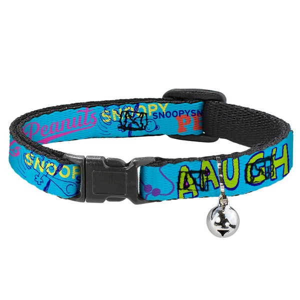 Buckle-Down Breakaway Cat Collar with Bell - PEANUTS Charlie Brown Snoopy and Woodstock Typography Collage Blue/Multi Color