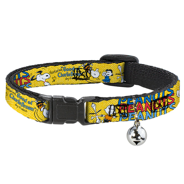 Buckle-Down Breakaway Cat Collar with Bell - PEANUTS Gang FEATURING GOOD OL CHARLIE BROWN Character Poses Yellow/Multi Color