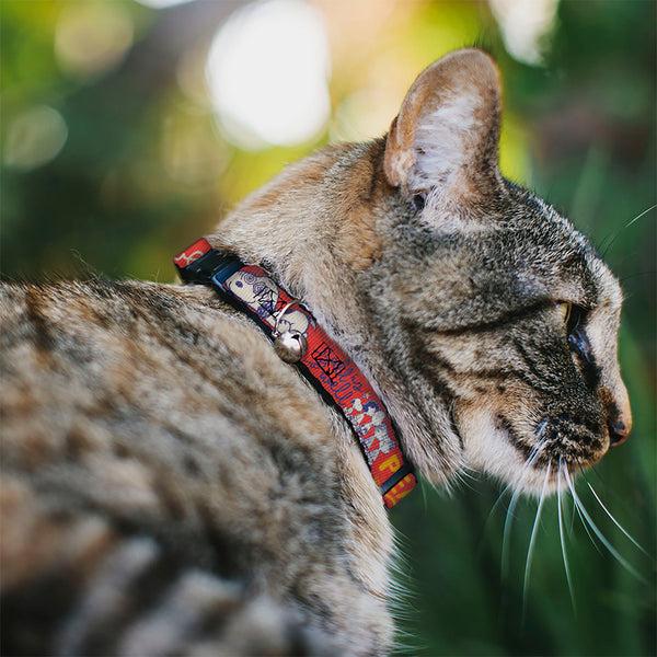 Buckle-Down Breakaway Cat Collar With Bell - Peanuts Gang SEMI-POSITIVE VIBES Quote Red/Blues/White