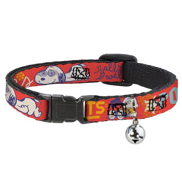 Buckle-Down Breakaway Cat Collar with Bell - Peanuts Gang SEMI-POSITIVE VIBES Quote Red/Blues/White