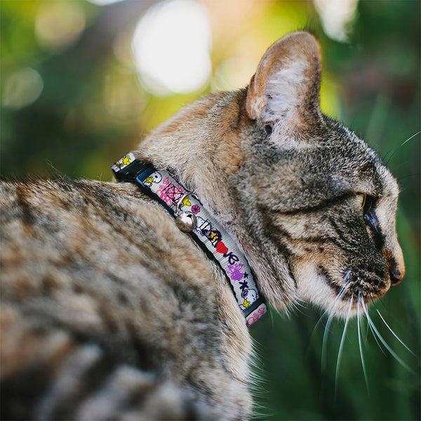 Buckle-Down Breakaway Cat Collar With Bell - Peanuts Snoopy And Woodstock Graffiti Collage White/Multi Color