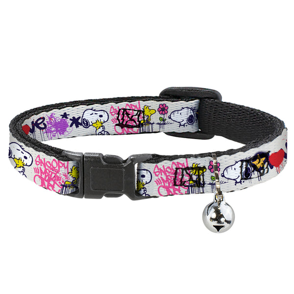 Buckle-Down Breakaway Cat Collar with Bell - Peanuts Snoopy and Woodstock Graffiti Collage White/Multi Color