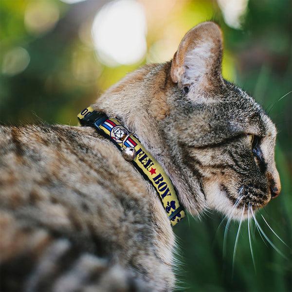 Buckle-Down Breakaway Cat Collar With Bell - Peanuts Snoopy FLY BOY TOP DOG Flying Ace Yellow/Blue/Red