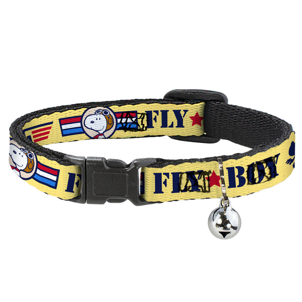 Buckle-Down Breakaway Cat Collar With Bell - Peanuts Snoopy FLY BOY TOP DOG Flying Ace Yellow/Blue/Red