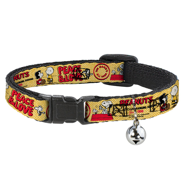 Buckle-Down Breakaway Cat Collar with Bell - PEANUTS SOCIAL CLUB PEACE & LOVE Scenes Yellow/Red