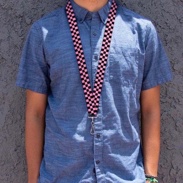 Buckle-Down Lanyard - 1.0" - Checker Black Baby Pink