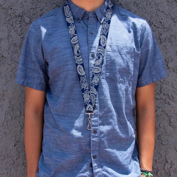 Buckle-Down Lanyard - 1.0" - Paisley Blue White