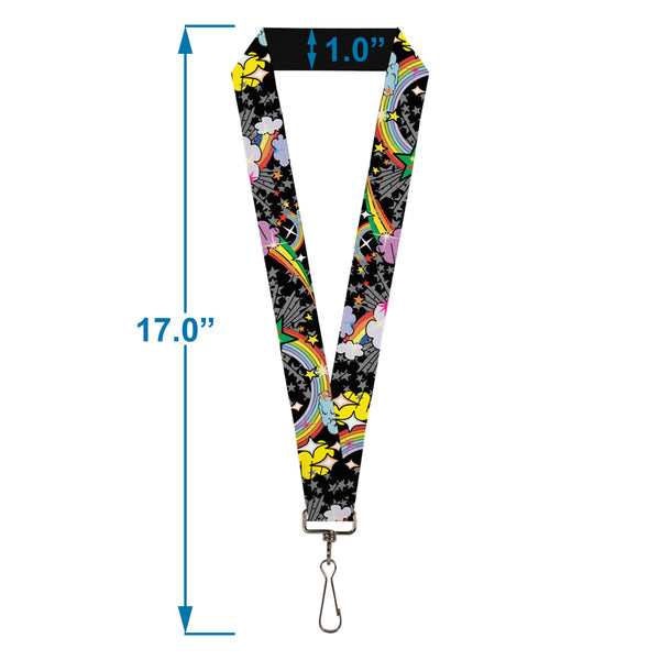 Buckle-Down Lanyard - 1.0" - Rainbow Cloud Stars Black