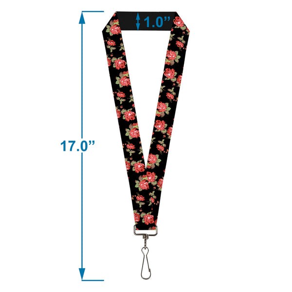 Buckle-Down Lanyard - 1.0" - Red Roses Scattered Black