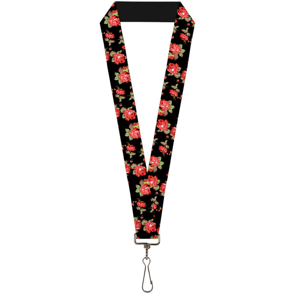 Buckle-Down Lanyard - 1.0" - Red Roses Scattered Black