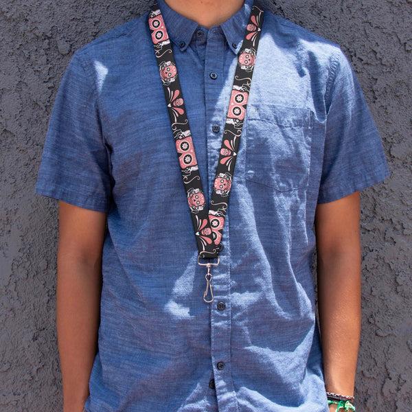 Buckle-Down Lanyard - 1.0" - Sugar Skulls Gray Pink