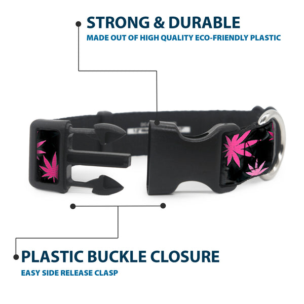 Buckle-Down Buckle-Down Plastic Buckle Dog Collar - Pot Leaves/Smoke Black/Pink/White