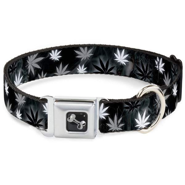 Buckle-Down Buckle-Down Seatbelt Buckle Dog Collar - Pot Leaves/Smoke Black/Gray/White
