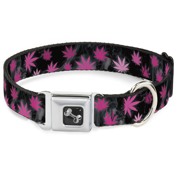 Buckle-Down Buckle-Down Seatbelt Buckle Dog Collar - Pot Leaves/Smoke Black/Pink/White