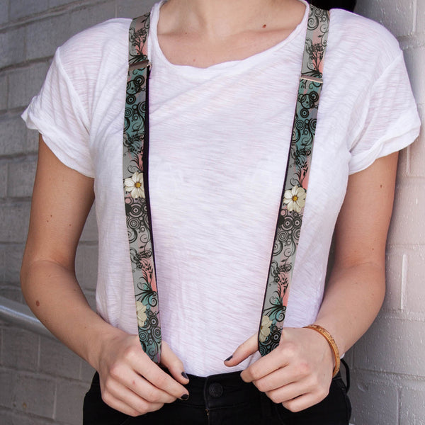 Buckle-Down Suspenders - 1.0" - Flowers W/Filigree Pink