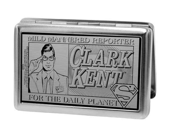 Buckle-Down Business Card Holder - LARGE - CLARK KENT Pose MILD MANNERED REPORTER FOR THE DAILY PLANET Brushed Silver Black