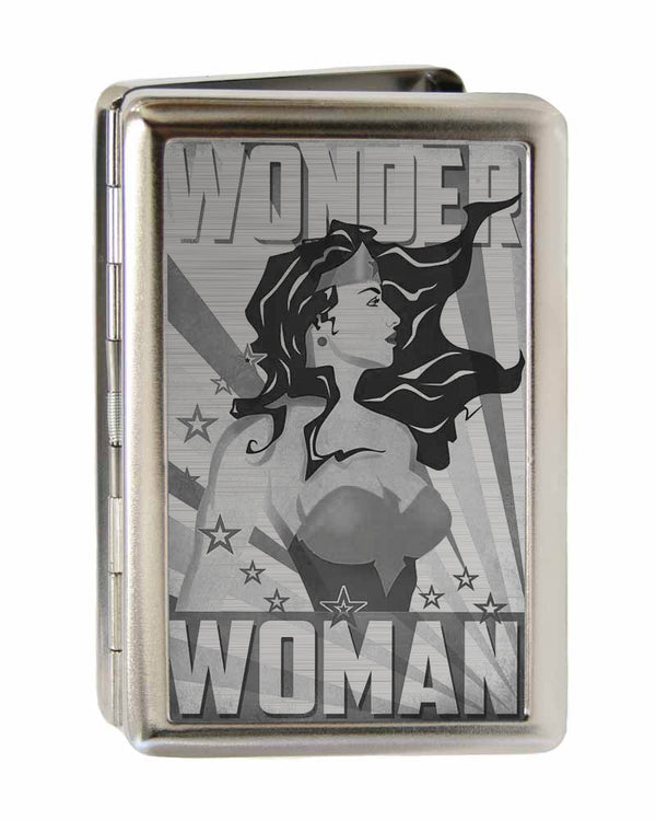Buckle-Down Business Card Holder - LARGE - WONDER WOMAN Pose Stars & Rays Brushed Silver