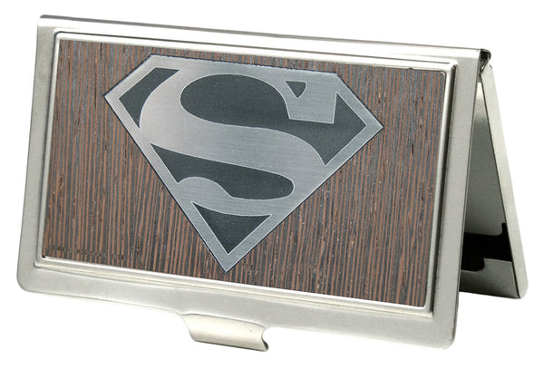 Buckle-Down Business Card Holder - SMALL - Superman Logo Marquetry Black Walnut Metal