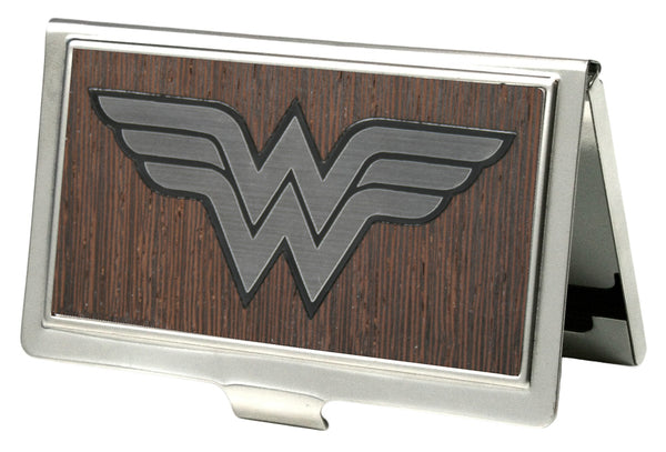 Buckle-Down Business Card Holder - SMALL - Wonder Woman Logo Marquetry Black Walnut Metal