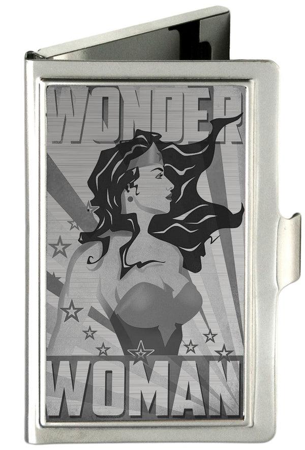 Buckle-Down Business Card Holder - SMALL - WONDER WOMAN Pose Stars & Rays Brushed Silver