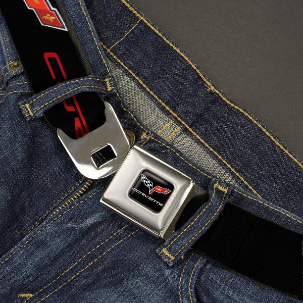 Buckle-Down C6 Full Color Seatbelt Belt - C6 Logo/CORVETTE Black/Red Webbing
