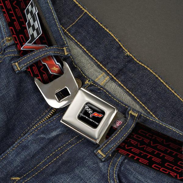 Buckle-Down C6 Full Color Seatbelt Belt - C6 Logo/CORVETTE Repeat Black/Red Ombre Webbing