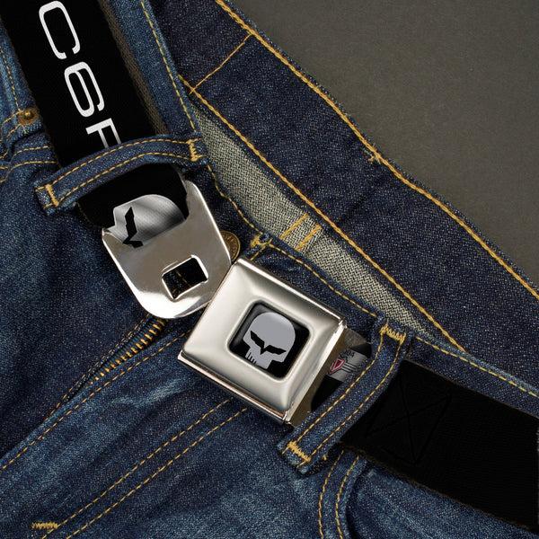 Buckle-Down C6R Jake Skull Seatbelt Belt - C6R Racing Skull Logo Black/Silver Webbing