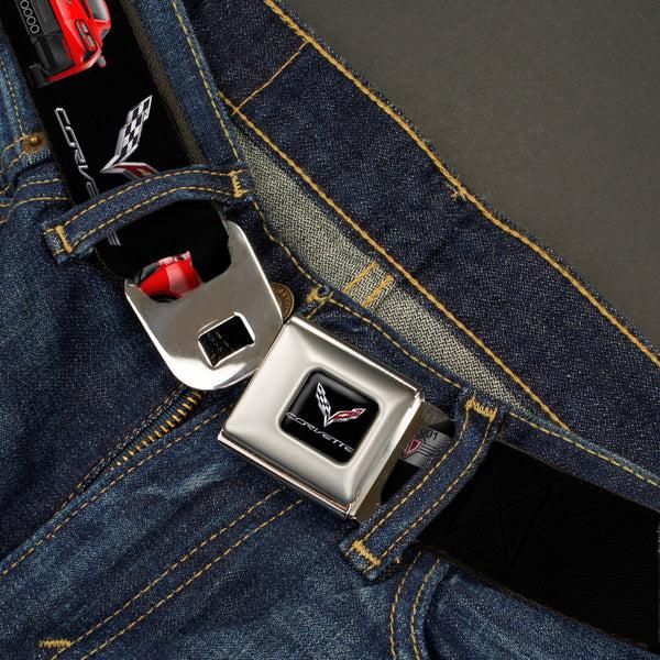 Buckle-Down C7 Full Color Black Seatbelt Belt - C7 Logo/Red C7 Side/Front/Rear Views Black Webbing