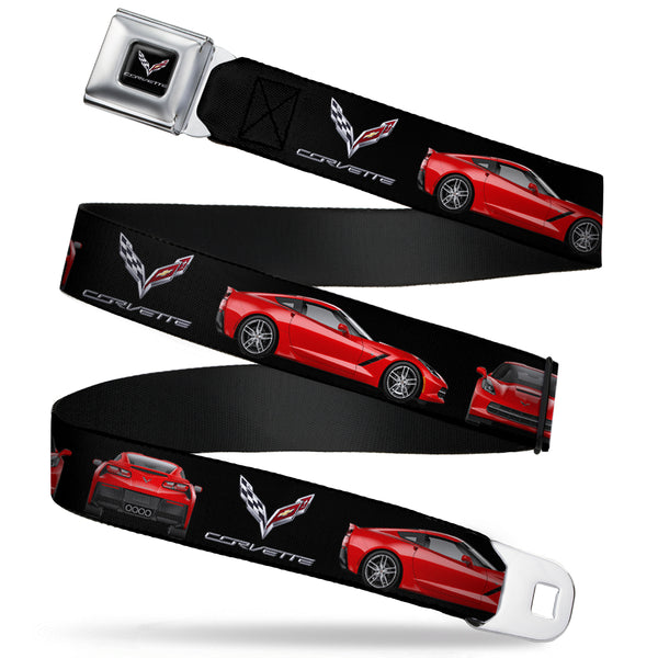 Buckle-Down C7 Full Color Black Seatbelt Belt - C7 Logo/Red C7 Side/Front/Rear Views Black Webbing