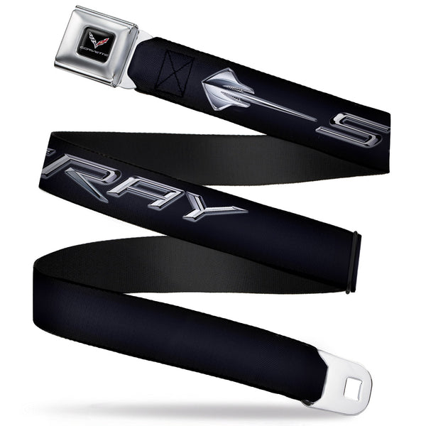 Buckle-Down C7 Full Color Black Seatbelt Belt - C7 STINGRAY Logo Black/Silver Webbing