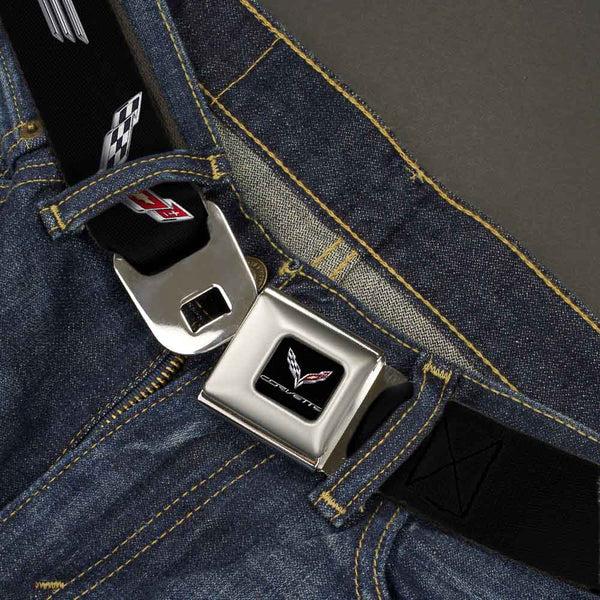 Buckle-Down C7 Full Color Black Seatbelt Belt - CORVETTE/C7 Logo Black/Silver/Red Webbing